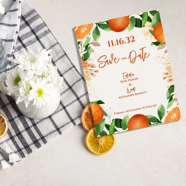 Postal Citrus Naranja Blossom Boda Jardín Guardar la fech (Citrus Orange Blossom Garden Wedding Save the Date Postcard)
