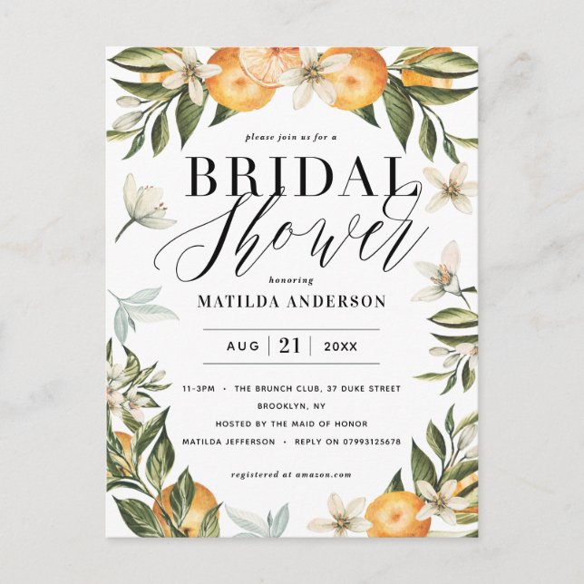 Postal Citrus, naranja + fiesta de ducha de novia con flo (Anverso)