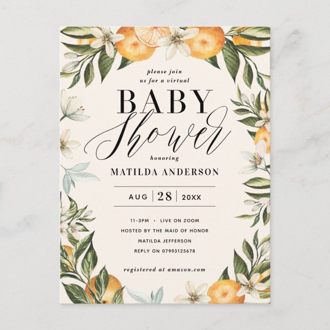 Postal Citrus naranja floración fiesta de ducha de bebé v (Anverso)