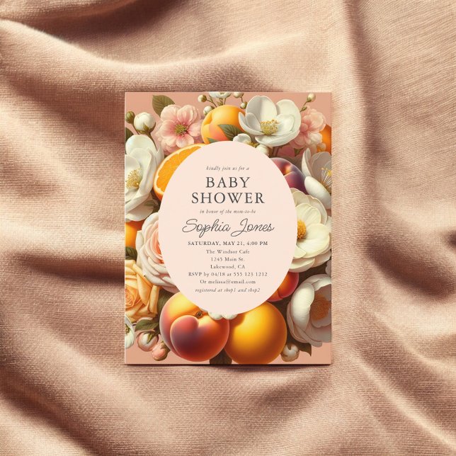 Postal Citrus Pastel Blooms Peach Baby Shower (Subido por el creador)