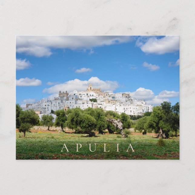Postal Ciudad blanca de Ostuni y olivos en Apulia (Anverso)