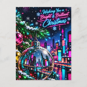 Postal Ciudad ciberpunk neon reflejada en Navidad