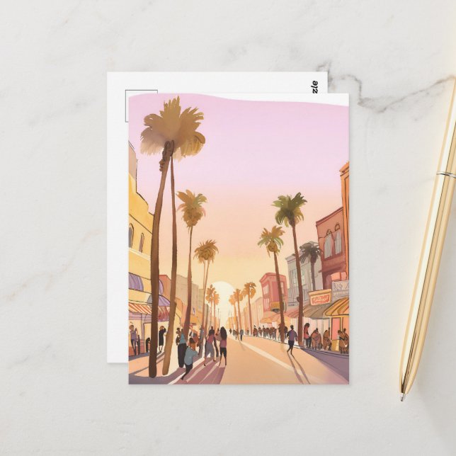 Postal Ciudad Costera de Sunset | Acuarela costera de árb (Anverso/Reverso In Situ)