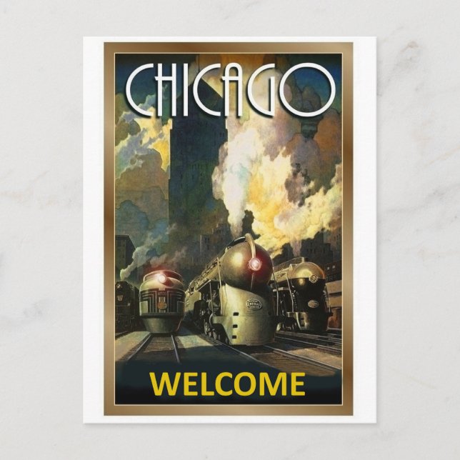 Postal Ciudad de Chicago, tren de vapor, viaje por ferroc (Anverso)