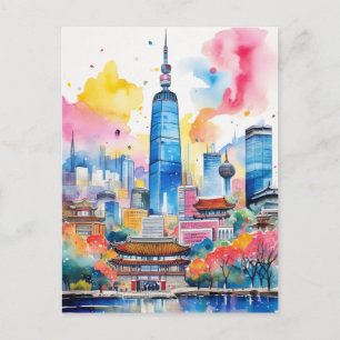 Postal Ciudad de Corea del Sur acuarela Viaje