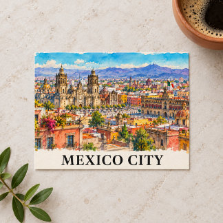Postal Ciudad de México Acuarela Paisaje Urbano Viaje