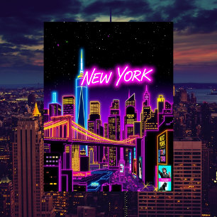 Postal Ciudad de Nueva York Neon Retro-Futurista Viaje