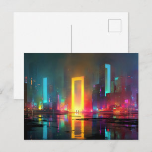 Postal Ciudad futurista con portal de neón radiante