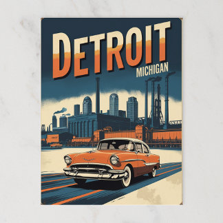 Postal Ciudad industrial Retro Detroit con auto clásico