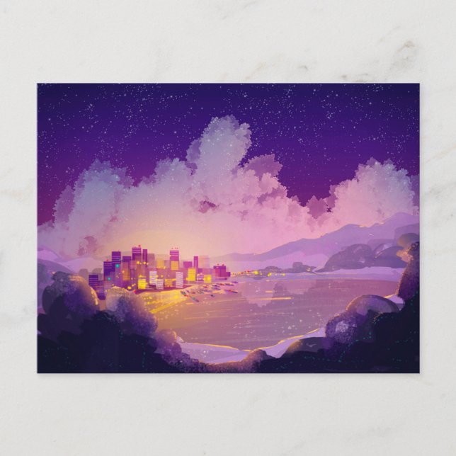 Postal Ciudad nocturna a orillas del mar (Anverso)