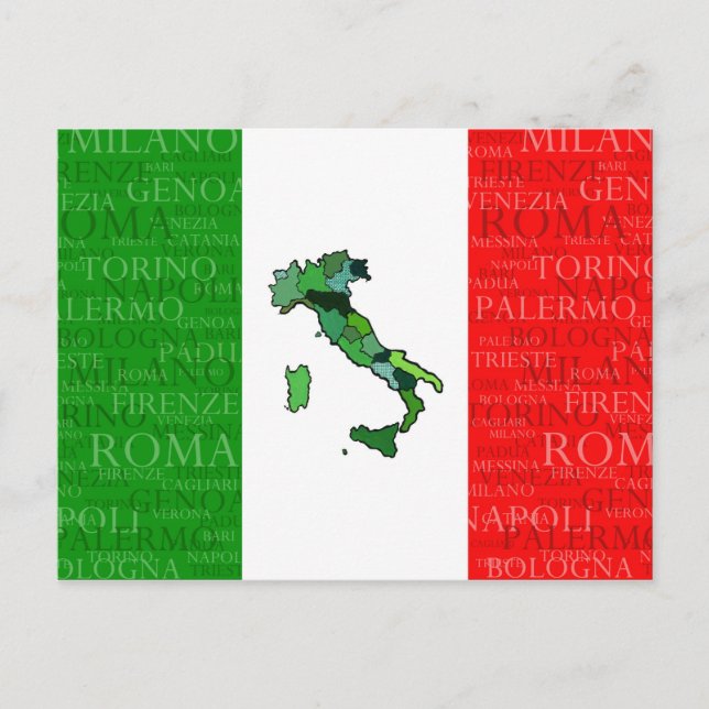 Postal Ciudades, mapa y bandera de Italia (Anverso)