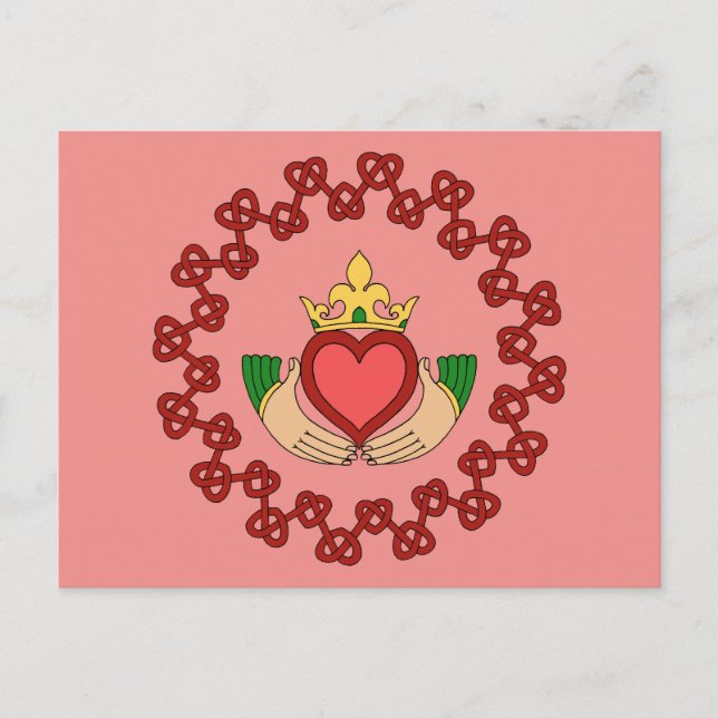 Postal Claddagh y Red Knotwork sobre rosa (Anverso)