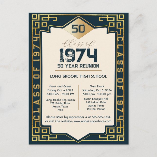 Postal Clase Art Déco de 1974 Reunión de 50 años de secun (Anverso)