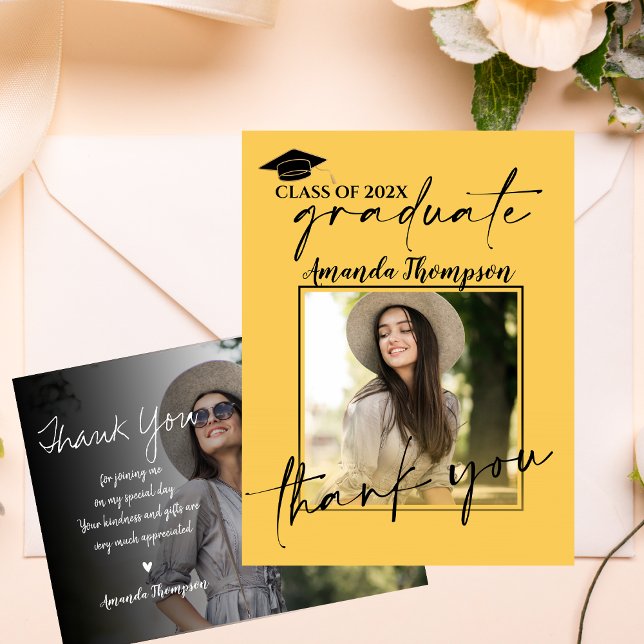 Postal Clase de 2025 Escritura Graduación Foto Gracias (Class of 2025 Script Graduation Photo Thank You Postcard)