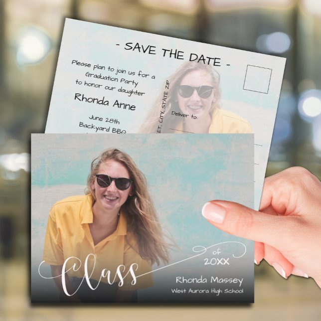 Postal Clase de script de graduación de fotos Guardar la  (Class of on the front of 2 photo  graduation save the date postcards)