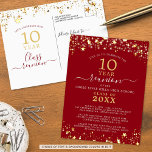 Postal Clase Reunión Red Gold Stars Lighars<br><div class="desc">Invitación postal moderna y elegante de la reunión de clase para cualquier reunión de año (mostrada por 10 años) con estrellas y luces doradas, tipografía de escritura manuscrita elegante y un fondo de color personalizado (mostrado en rojo) que puede cambiar al color de la escuela o al color del tema...</div>