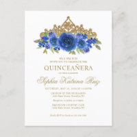 Clásica Floral Real Azul Oro Tiara Quinceañera