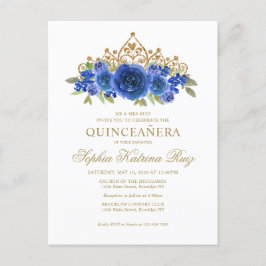 Postal Clásica Floral Real Azul Oro Tiara Quinceañera
