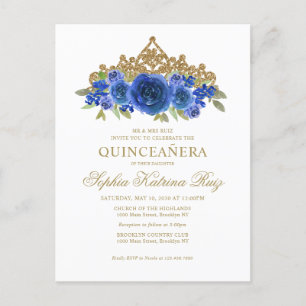 Postal Clásica Floral Real Azul Oro Tiara Quinceañera