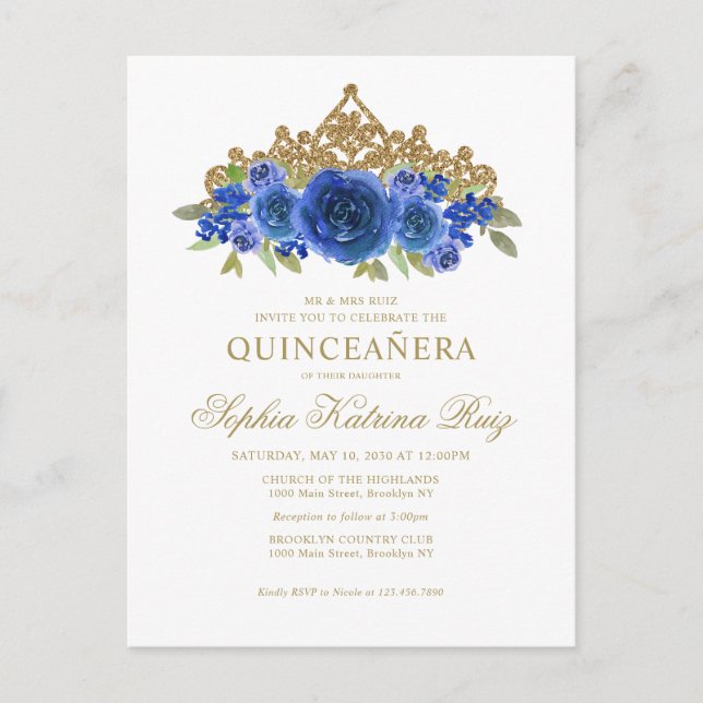 Postal Clásica Floral Real Azul Oro Tiara Quinceañera (Anverso)