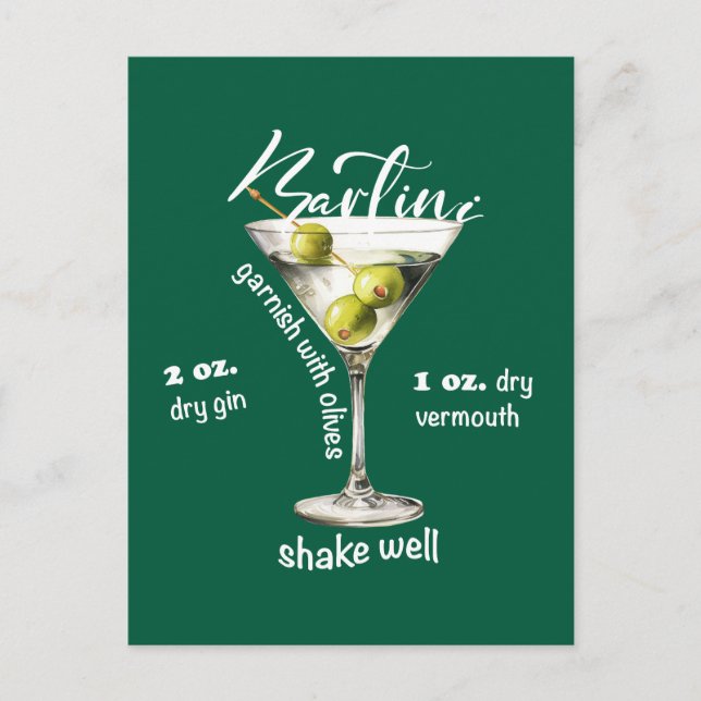 Postal Clásica Martini Receta Cóctel Bar Arte (Anverso)