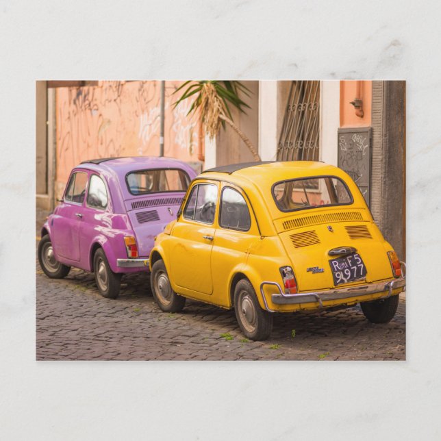 Postal Clásico italiano Fiat 500 coches en Roma Italia (Anverso)