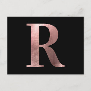 Postal Clásico Monograma R de Hoja de Oro Rosa sobre Negr