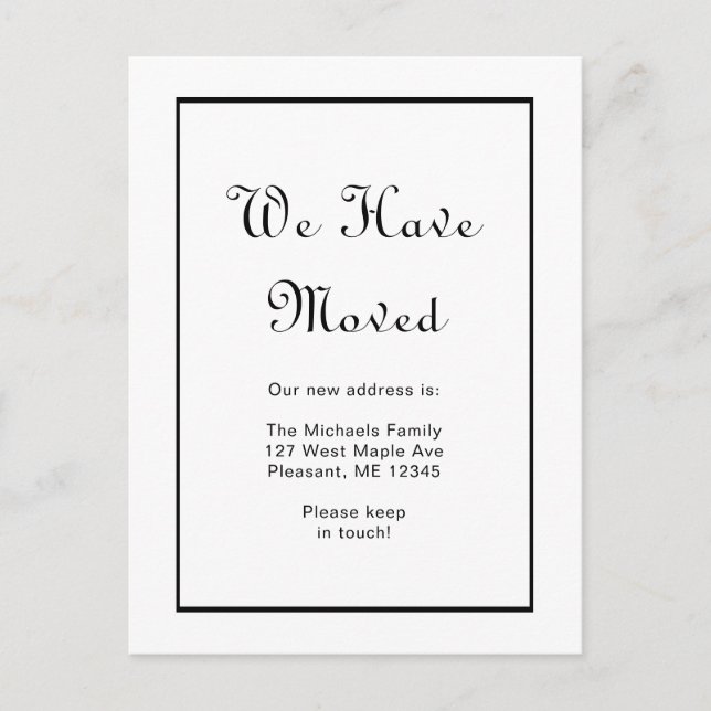 Postal Clásico negro y blanco que nos hemos mudado (Anverso)