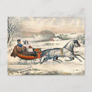 Postal Clásico Paseo en Trineo 1853 Currier Ives Camino I