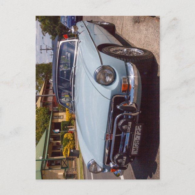 Postal Classic blue MGB roadster sports car. (Anverso)