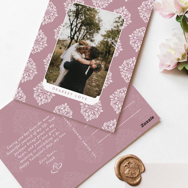 Postal Classic Damask Elegant Script Valentine's Day Card (Subido por el creador)