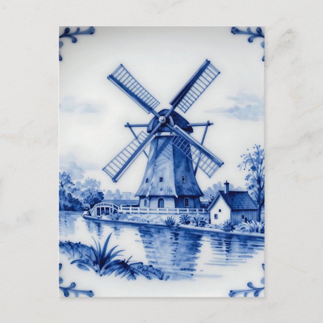 Postal Classic Delft Blue Windmill Canal Scene (Anverso)