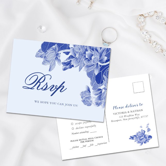 Postal Classic Light Blue Chinoiserie Boda Floral RSVP (Subido por el creador)
