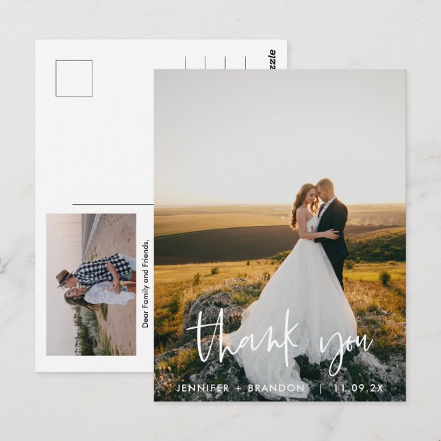 Postal Classy Hand Writings Gracias | Foto Boda (Anverso / Reverso)
