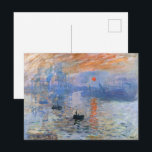 Postal Claude Monet Impresión Amanecer 1872 Puerto Arte<br><div class="desc">"Impresión, Amanecer" (1872) es una obra maestra histórica de Claude Monet, el fundador del Impresionismo francés. Esta pintura icónica captura el puerto de Le Havre al amanecer, envuelto en una suave y etérea niebla. El punto focal es un sol naranja brillante que proyecta un reflejo rítmico y ardiente a través...</div>