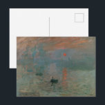 Postal Claude Monet Impression Sunrise Classic Pintura<br><div class="desc">"Impresión, amanecer" de Claude Monet es un trabajo seminal que personifica el movimiento impresionista. El lienzo, pintado en 1872, capta la calidad efímera de la luz y del ambiente a la salida del amanecer en la ciudad portuaria de Le Havre, Francia. Monet utiliza pinceles sueltos y rápidos para transmitir los...</div>