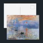 Postal Claude Monet Impression Sunrise Classic Pintura<br><div class="desc">"Impresión, amanecer" de Claude Monet es un trabajo seminal que personifica el movimiento impresionista. El lienzo, pintado en 1872, capta la calidad efímera de la luz y del ambiente a la salida del amanecer en la ciudad portuaria de Le Havre, Francia. Monet utiliza pinceles sueltos y rápidos para transmitir los...</div>
