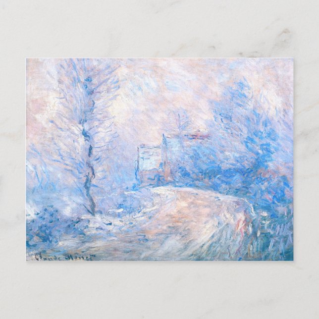 Postal Claude Monet: La entrada a Giverny bajo la nieve (Anverso)