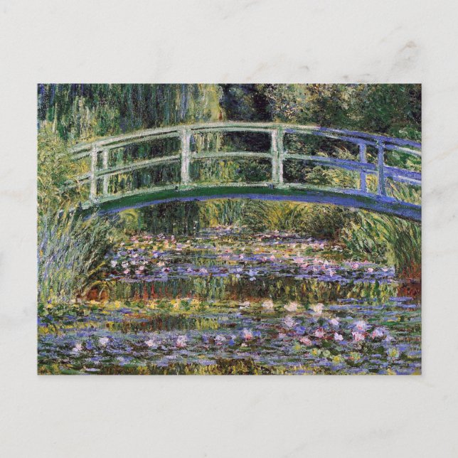 Postal Claude Monet, nenúfares, puente japonés, jardín, (Anverso)