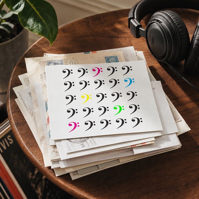 Postal Clave de Fa Colorida Arte Musical Neon (A postcard with black and neon bass clefs.)