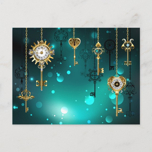 Postal Claves de esqueleto antiguas sobre fondo verde (Anverso)