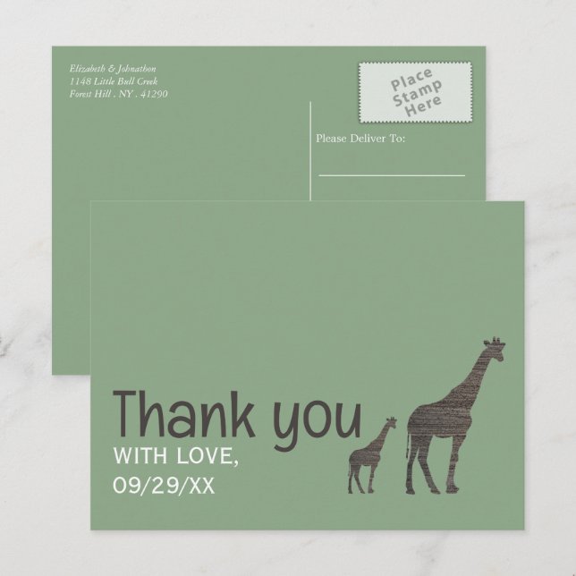 Postal Clay Safari Giraffe, Boda Rústico Gracias (Anverso / Reverso)