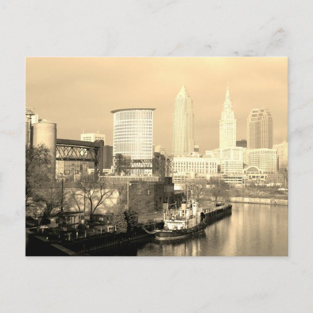 Postal Cleveland, OH Vista del río Sepia (Anverso)