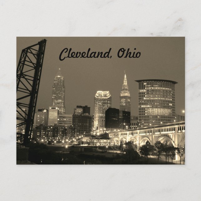 Postal Cleveland Ohio Silueta Nocturna Sepia (Anverso)