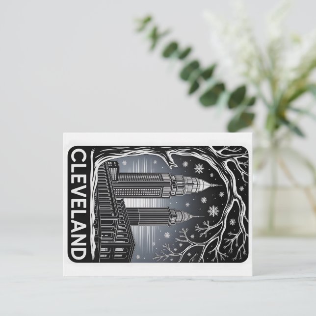 Postal Cleveland Ohio Skyline Winter Woodcut Black&White (Anverso de pie)