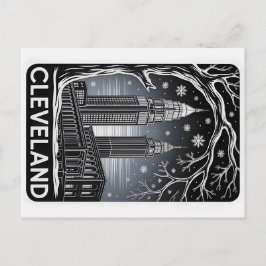 Postal Cleveland Ohio Skyline Winter Woodcut Black&White