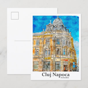 Postal Clj Napoca Rumanía Mano de color de agua de viaje