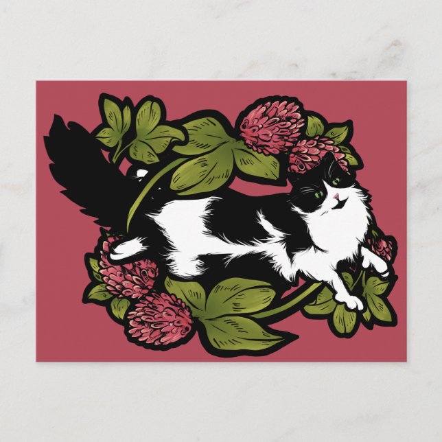 Postal Clover Tuxedo Cat Floral (Anverso)
