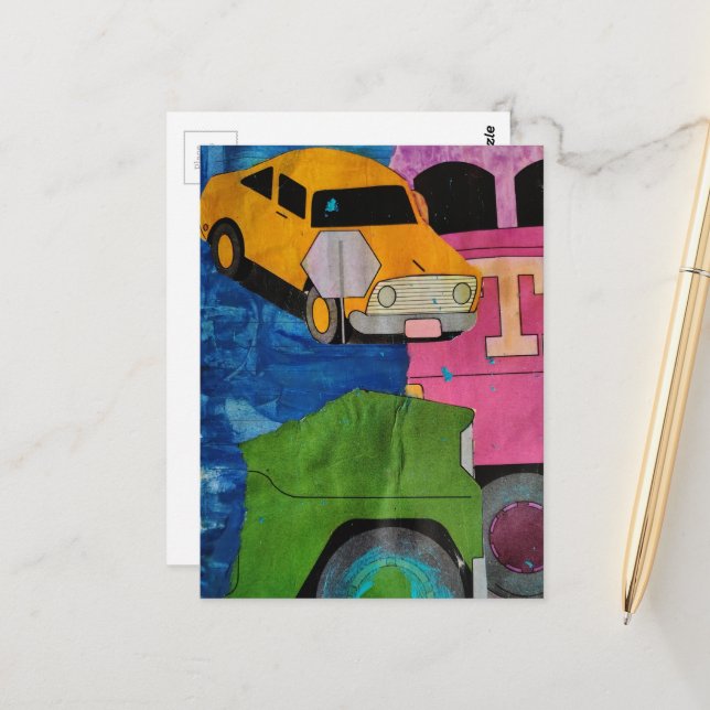 Postal Coche Amarillo Camión Rosa y Verdecollage de medio (Anverso/Reverso In Situ)