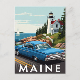 Postal 🚗 Coche Azul Antiguo Carretera Costera de Maine